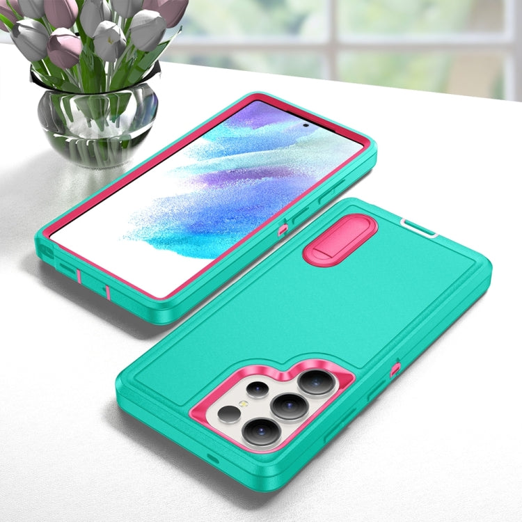 For Samsung Galaxy S25 Ultra 5G Rugged PC Hybrid Silicone Phone Case with Holder(Light Green+Rose Red) by buy2fix