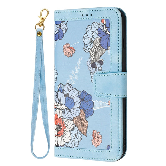 For Samsung Galaxy S25 Ultra 5G Floral Pattern Leather Phone Case with Lanyard(Light Blue) by buy2fix
