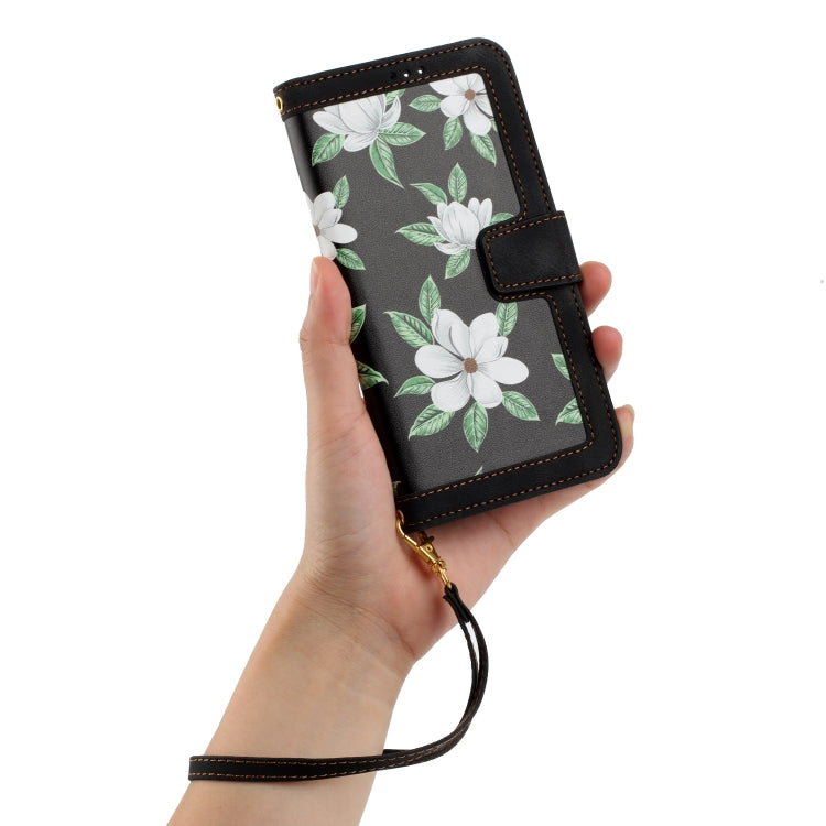 For Samsung Galaxy S25 Ultra 5G Floral Pattern Leather Phone Case with Lanyard(Black) by buy2fix