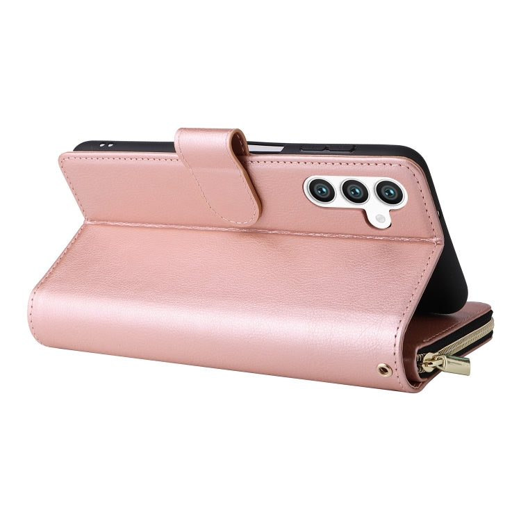 For Samsung Galaxy S25 5G 9-Card Slots Zipper Wallet Bag Leather Phone Case(Rose Gold) by buy2fix
