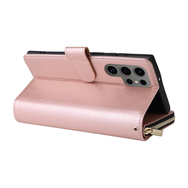 For Samsung Galaxy S25 Ultra 5G 9-Card Slots Zipper Wallet Bag Leather Phone Case(Rose Gold) by buy2fix