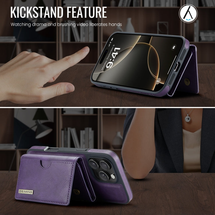 For iPhone 16 Pro Max DG.MING M6 Series RFID Tri-fold Card Bag Removable Leather Phone Case(Purple) by DG.MING