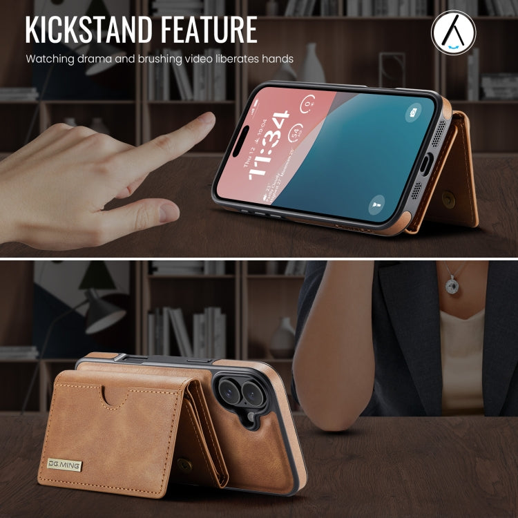 For iPhone 16 Plus DG.MING M6 Series RFID Tri-fold Card Bag Removable Leather Phone Case(Brown) by DG.MING