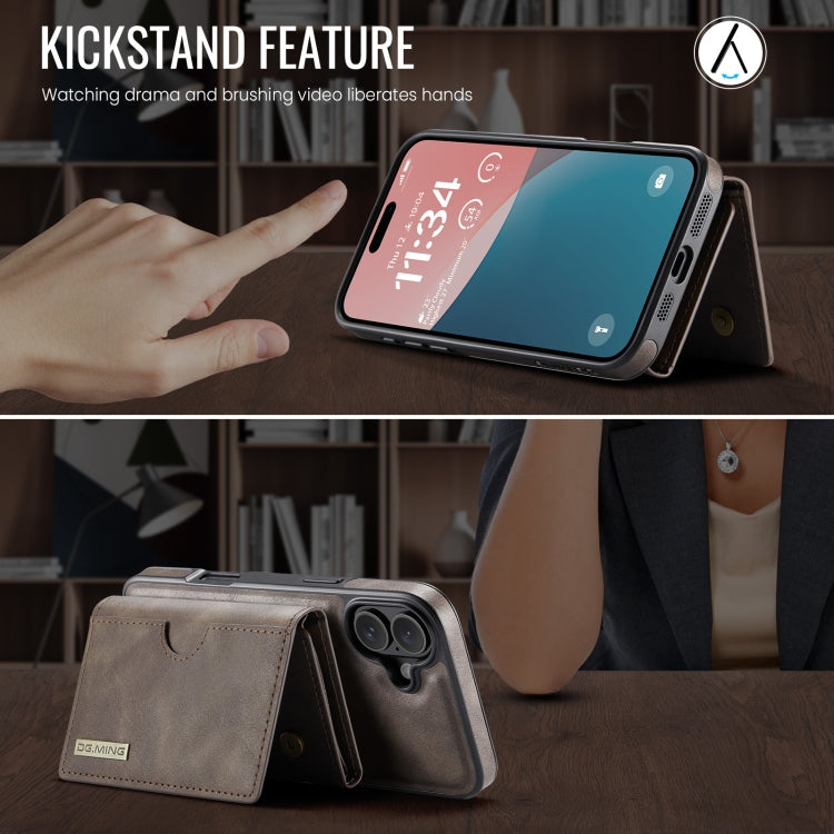 For iPhone 16 DG.MING M6 Series RFID Tri-fold Card Bag Removable Leather Phone Case(Coffee) by DG.MING