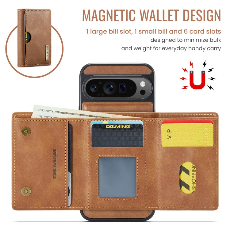 For Google Pixel 9 Pro XL DG.MING M6 Series RFID Tri-fold Card Bag Removable Leather Phone Case(Brown) - Google Cases by DG.MING | Online Shopping UK | buy2fix