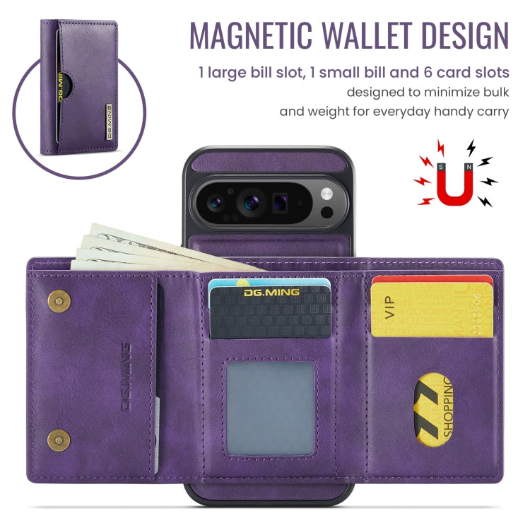 For Google Pixel 9 Pro XL DG.MING M6 Series RFID Tri-fold Card Bag Removable Leather Phone Case(Purple) - Google Cases by DG.MING | Online Shopping UK | buy2fix