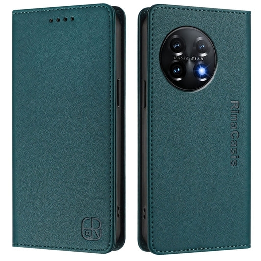 For OnePlus 11 RC01 Dual-Folded Magnetic Suction RFID Leather Phone Case(Dark Green) by buy2fix