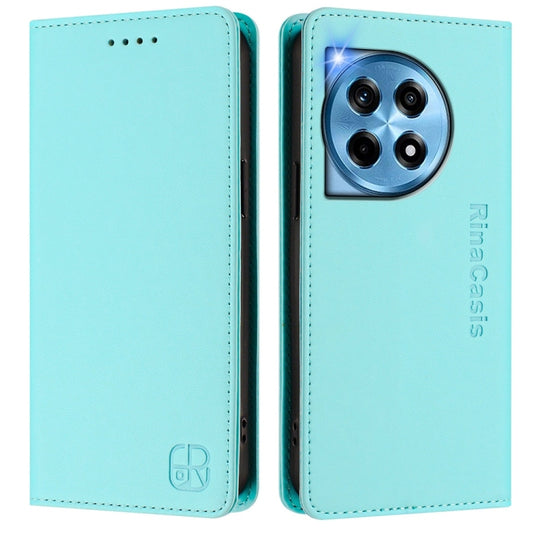 For OnePlus 12 Global RC01 Dual-Folded Magnetic Suction RFID Leather Phone Case(Mint Green) by buy2fix