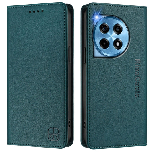 For OnePlus 12 Global RC01 Dual-Folded Magnetic Suction RFID Leather Phone Case(Dark Green) by buy2fix