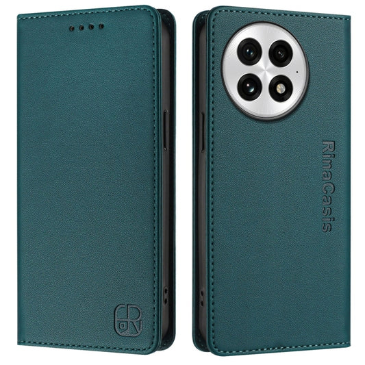 For OnePlus 13 RC01 Dual-Folded Magnetic Suction RFID Leather Phone Case(Dark Green) by buy2fix