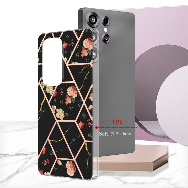 For Samsung Galaxy S25 Ultra 5G Splicing Marble Flower IMD TPU Phone Case(Black Flower) by buy2fix