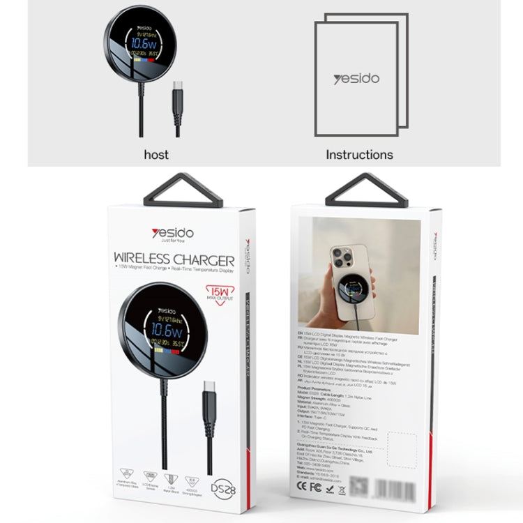 Yesido DS28 15W Smart Digital Display Magnetic Wireless Charger, Length:1.2m(Black) - Wireless Charger by Yesido | Online Shopping UK | buy2fix