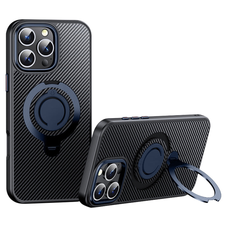 For iPhone 16 Pro Carbon Fiber MagSafe Phone Case with 360 Degree Rotating Holder(Black Blue) - iPhone 16 Pro Cases by buy2fix | Online Shopping UK | buy2fix