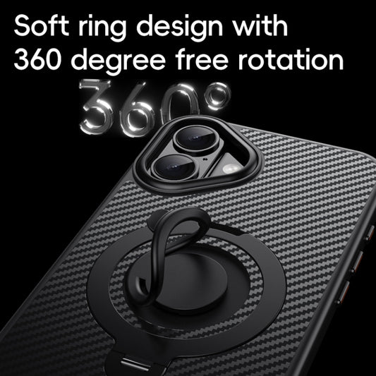 For iPhone 16 Carbon Fiber MagSafe Phone Case with 360 Degree Rotating Holder(Black Grey) - iPhone 16 Cases by buy2fix | Online Shopping UK | buy2fix