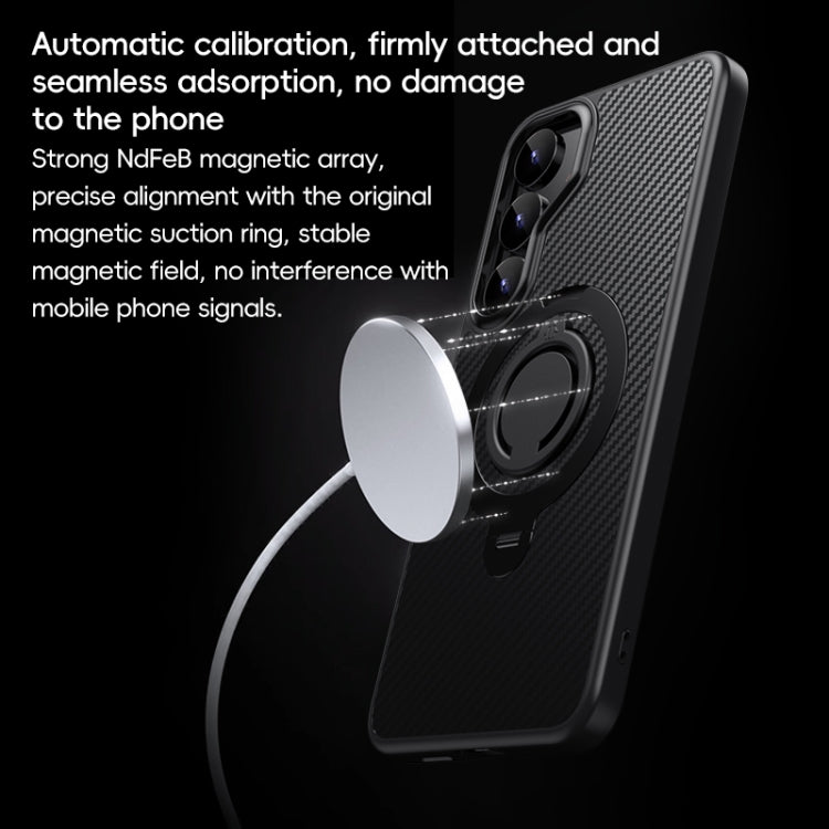 For Samsung Galaxy S25+ 5G Carbon Fiber MagSafe Phone Case with 360 Degree Rotating Holder(Black Silver) by buy2fix