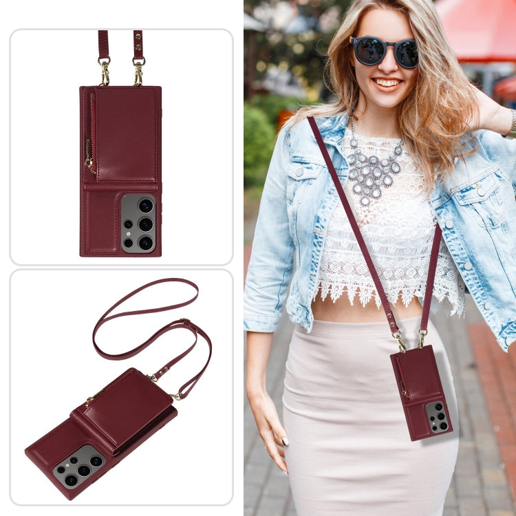 For Samsung Galaxy S25 Ultra 5G Crossbody Lanyard Zipper Wallet Leather Phone Case(Wine Red) by buy2fix