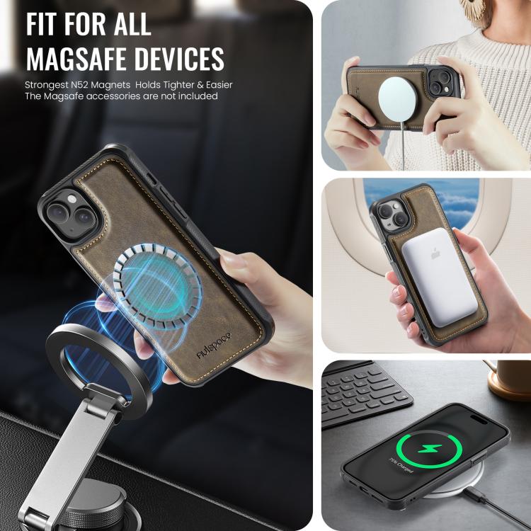 For iPhone 14 Plus AutSpace A13 MagSafe Magnetic RFID Flip Card Bag Phone Case(Coffee) - iPhone 14 Plus Cases by AutSpace | Online Shopping UK | buy2fix