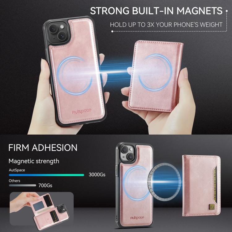 For iPhone 14 Plus AutSpace A13 MagSafe Magnetic RFID Flip Card Bag Phone Case(Rose Gold) - iPhone 14 Plus Cases by AutSpace | Online Shopping UK | buy2fix