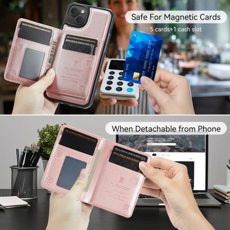 For iPhone 14 Plus AutSpace A13 MagSafe Magnetic RFID Flip Card Bag Phone Case(Rose Gold) - iPhone 14 Plus Cases by AutSpace | Online Shopping UK | buy2fix