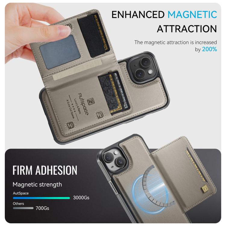 For iPhone 14 Plus AutSpace A13 MagSafe Magnetic RFID Flip Card Bag Phone Case(Grey) - iPhone 14 Plus Cases by AutSpace | Online Shopping UK | buy2fix