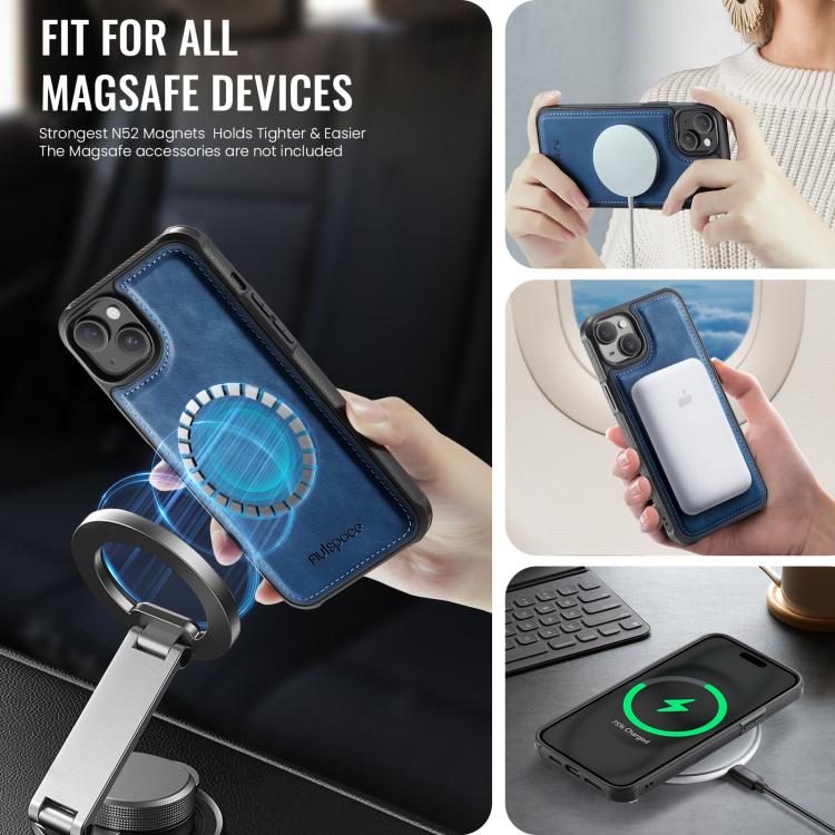 For iPhone 14 AutSpace A13 MagSafe Magnetic RFID Flip Card Bag Phone Case(Blue) - iPhone 14 Cases by AutSpace | Online Shopping UK | buy2fix