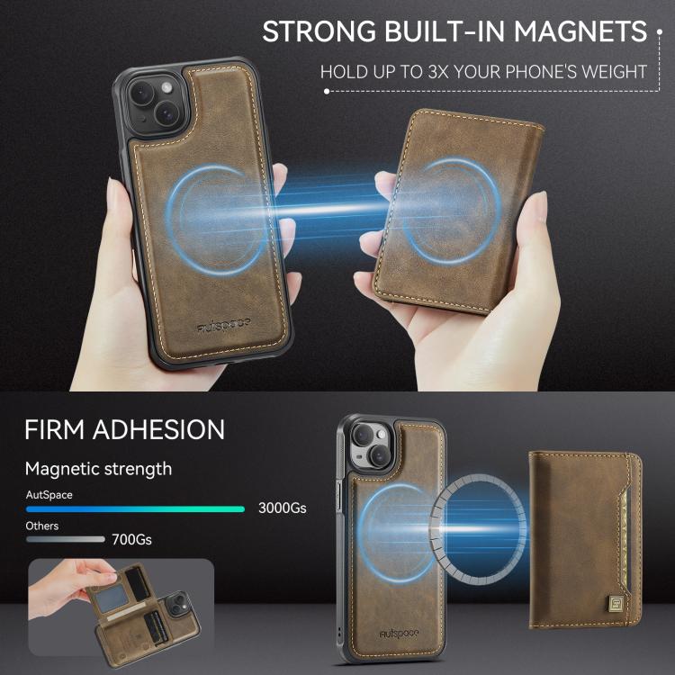 For iPhone 13 AutSpace A13 MagSafe Magnetic RFID Flip Card Bag Phone Case(Coffee) - iPhone 13 Cases by AutSpace | Online Shopping UK | buy2fix