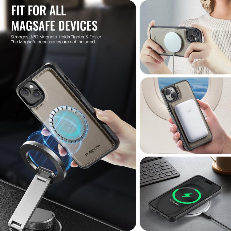 For iPhone 13 AutSpace A13 MagSafe Magnetic RFID Flip Card Bag Phone Case(Grey) - iPhone 13 Cases by AutSpace | Online Shopping UK | buy2fix