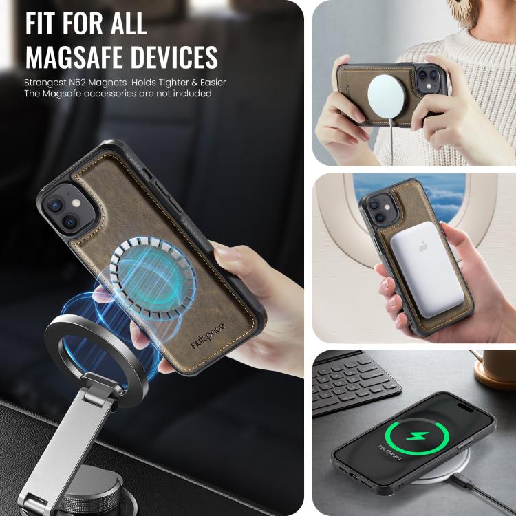 For iPhone 12 AutSpace A13 MagSafe Magnetic RFID Flip Card Bag Phone Case(Coffee) - iPhone 12 / 12 Pro Cases by AutSpace | Online Shopping UK | buy2fix