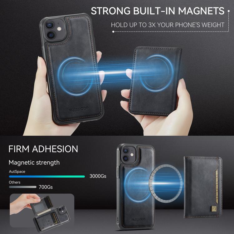 For iPhone 12 AutSpace A13 MagSafe Magnetic RFID Flip Card Bag Phone Case(Black) - iPhone 12 / 12 Pro Cases by AutSpace | Online Shopping UK | buy2fix