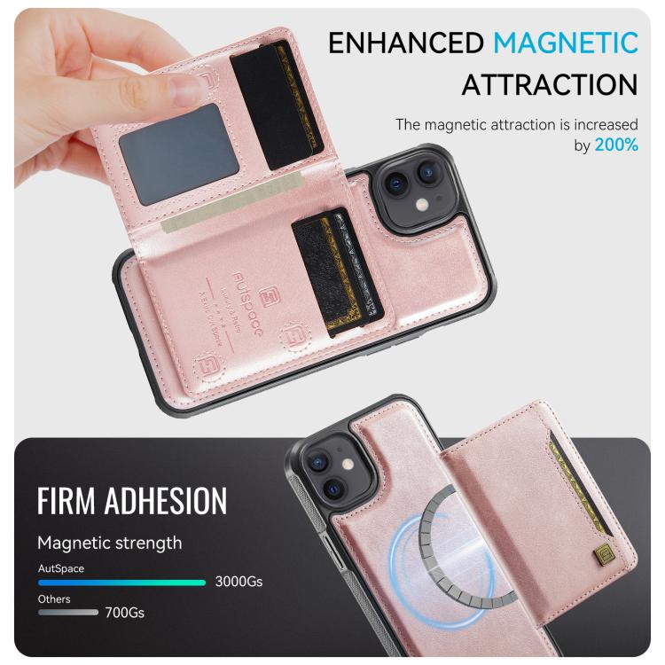 For iPhone 12 AutSpace A13 MagSafe Magnetic RFID Flip Card Bag Phone Case(Rose Gold) - iPhone 12 / 12 Pro Cases by AutSpace | Online Shopping UK | buy2fix