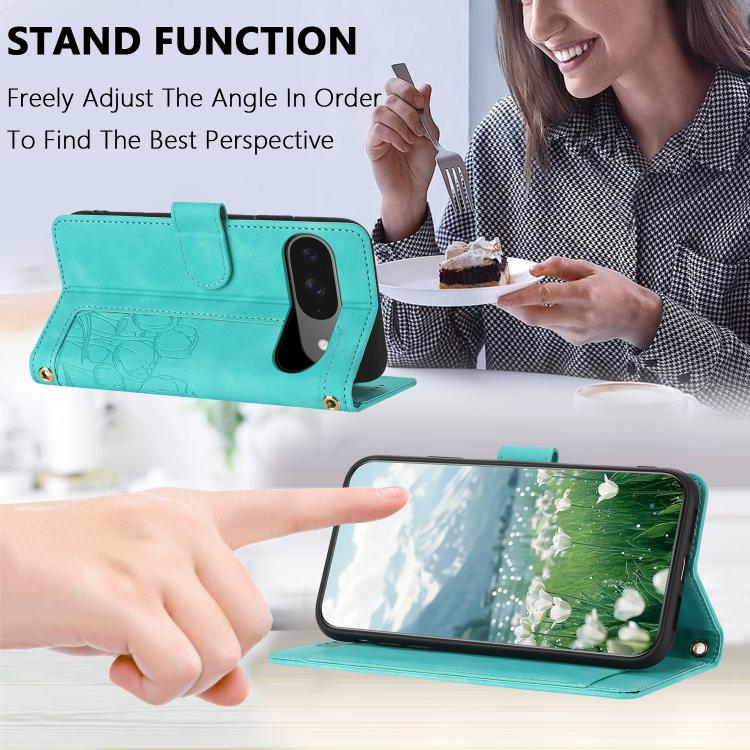 For Google Pixel 10 Tulips Embossed Leather Phone Case with Lanyard(Green) - Google Cases by buy2fix | Online Shopping UK | buy2fix