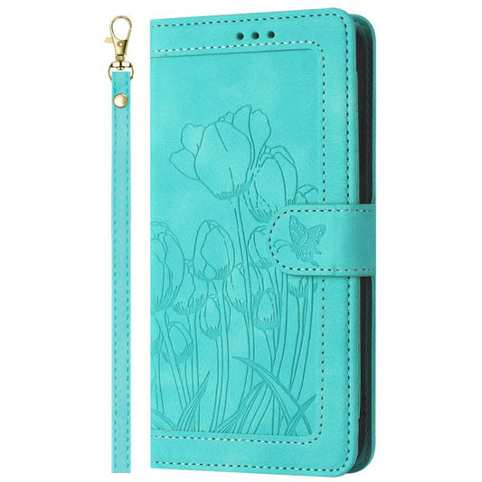 For Google Pixel 10 Pro XL Tulips Embossed Leather Phone Case with Lanyard(Green) - Google Cases by buy2fix | Online Shopping UK | buy2fix