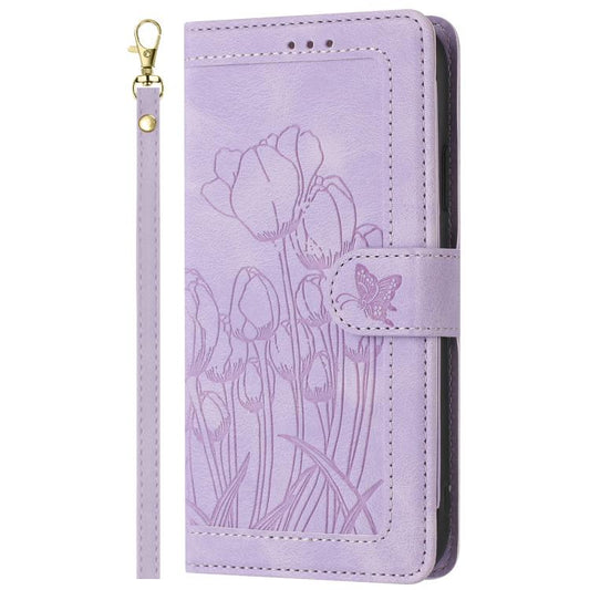 For Google Pixel 10 Pro XL Tulips Embossed Leather Phone Case with Lanyard(Purple) - Google Cases by buy2fix | Online Shopping UK | buy2fix