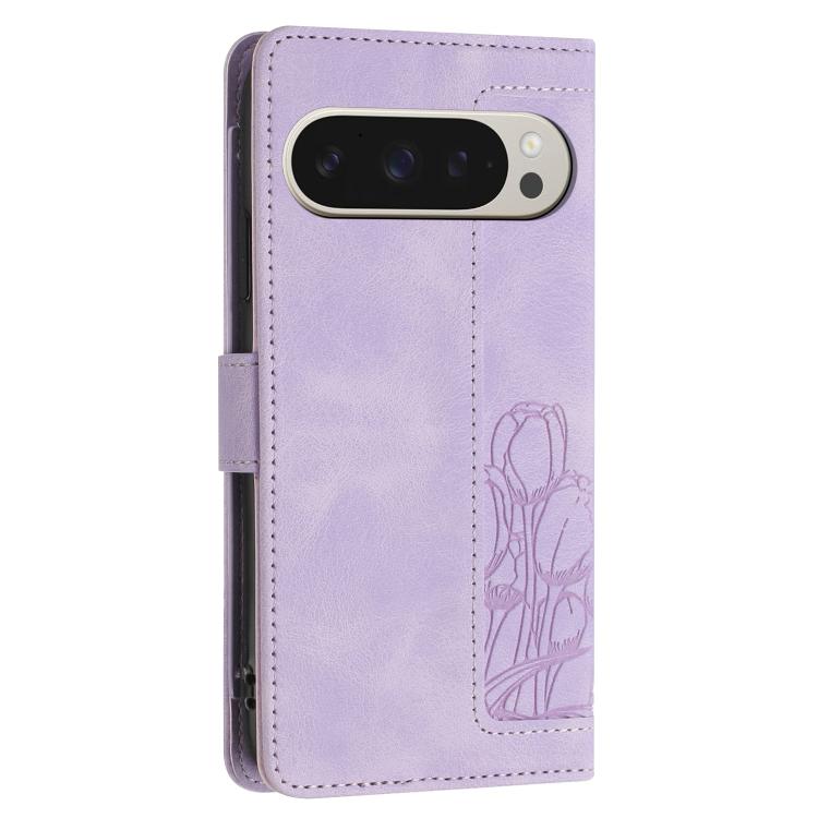 For Google Pixel 10 Pro XL Tulips Embossed Leather Phone Case with Lanyard(Purple) - Google Cases by buy2fix | Online Shopping UK | buy2fix