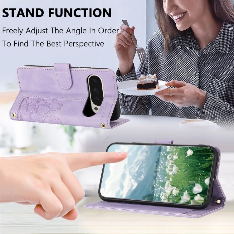 For Google Pixel 10 Pro XL Tulips Embossed Leather Phone Case with Lanyard(Purple) - Google Cases by buy2fix | Online Shopping UK | buy2fix