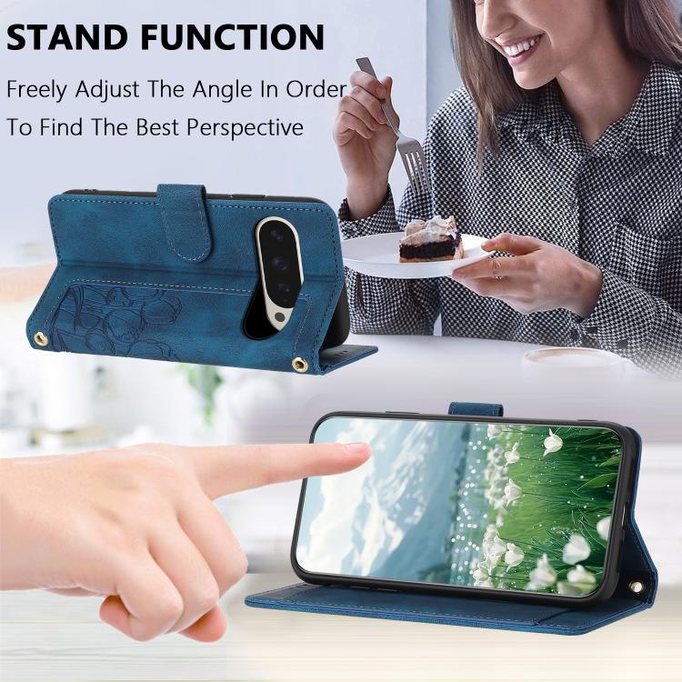 For Google Pixel 10 Pro XL Tulips Embossed Leather Phone Case with Lanyard(Blue) - Google Cases by buy2fix | Online Shopping UK | buy2fix