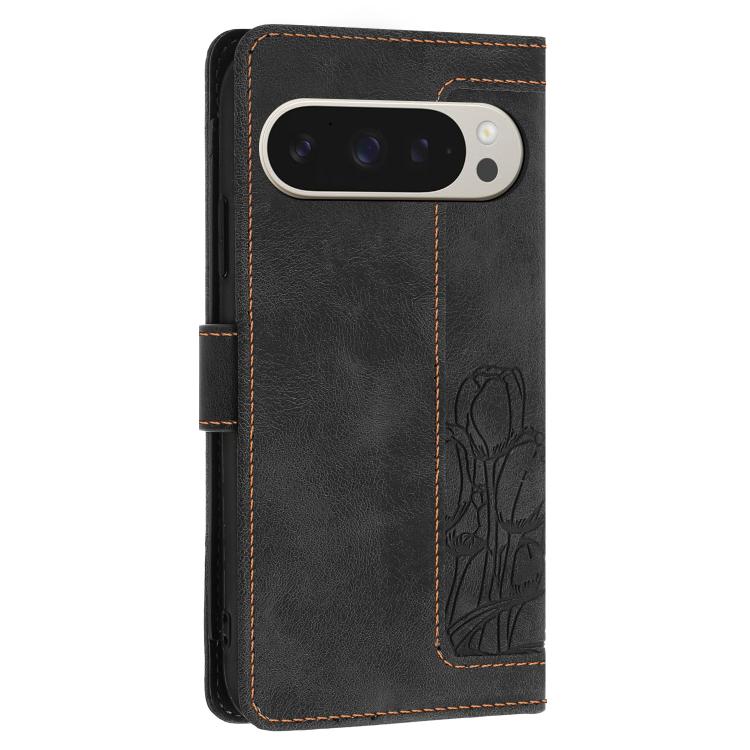 For Google Pixel 10 Pro XL Tulips Embossed Leather Phone Case with Lanyard(Black) - Google Cases by buy2fix | Online Shopping UK | buy2fix