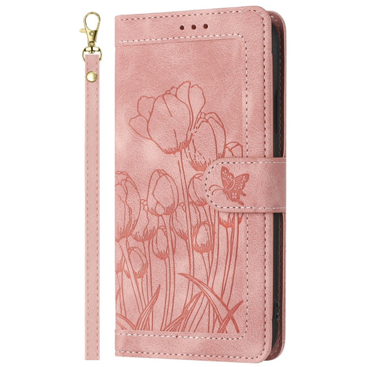 For Samsung Galaxy S25 5G Tulips Embossed Leather Phone Case with Lanyard(Pink) by buy2fix