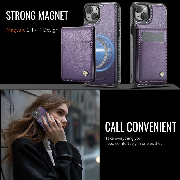 For iPhone 14 JEEHOOD J06 British Style RFID MagSafe Card Bag PU Phone Case(Purple) - iPhone 14 Cases by JEEHOOD | Online Shopping UK | buy2fix