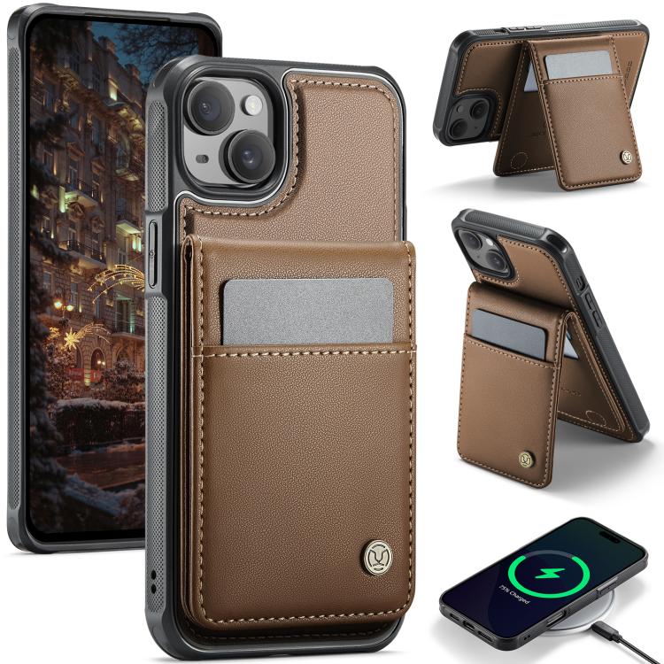 For iPhone 14 JEEHOOD J06 British Style RFID MagSafe Card Bag PU Phone Case(Brown) - iPhone 14 Cases by JEEHOOD | Online Shopping UK | buy2fix