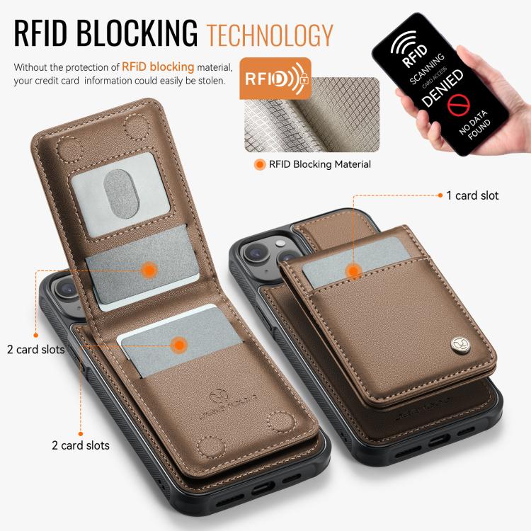 For iPhone 14 JEEHOOD J06 British Style RFID MagSafe Card Bag PU Phone Case(Brown) - iPhone 14 Cases by JEEHOOD | Online Shopping UK | buy2fix