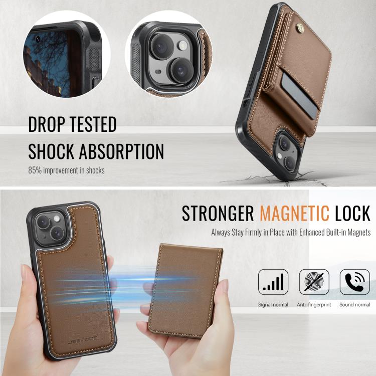 For iPhone 13 JEEHOOD J06 British Style RFID MagSafe Card Bag PU Phone Case(Brown) - iPhone 13 Cases by JEEHOOD | Online Shopping UK | buy2fix