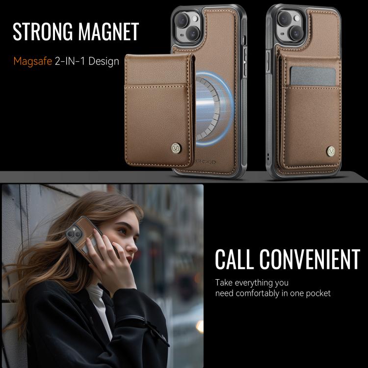 For iPhone 13 JEEHOOD J06 British Style RFID MagSafe Card Bag PU Phone Case(Brown) - iPhone 13 Cases by JEEHOOD | Online Shopping UK | buy2fix