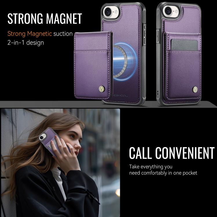 For iPhone 16e JEEHOOD J06 British Style RFID MagSafe Card Bag PU Phone Case(Purple) - iPhone 16e Cases by JEEHOOD | Online Shopping UK | buy2fix