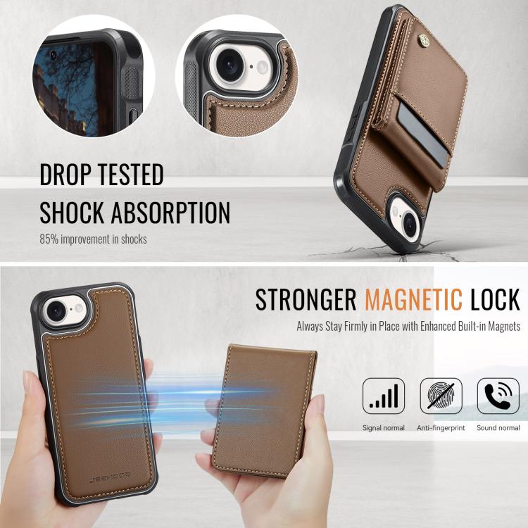 For iPhone 16e JEEHOOD J06 British Style RFID MagSafe Card Bag PU Phone Case(Brown) - iPhone 16e Cases by JEEHOOD | Online Shopping UK | buy2fix