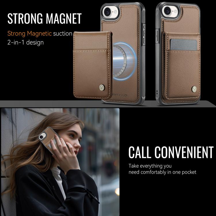 For iPhone 16e JEEHOOD J06 British Style RFID MagSafe Card Bag PU Phone Case(Brown) - iPhone 16e Cases by JEEHOOD | Online Shopping UK | buy2fix