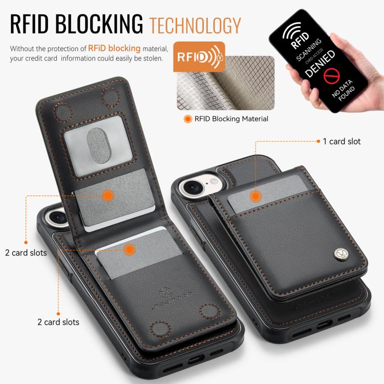 For iPhone 16e JEEHOOD J06 British Style RFID MagSafe Card Bag PU Phone Case(Black) - iPhone 16e Cases by JEEHOOD | Online Shopping UK | buy2fix