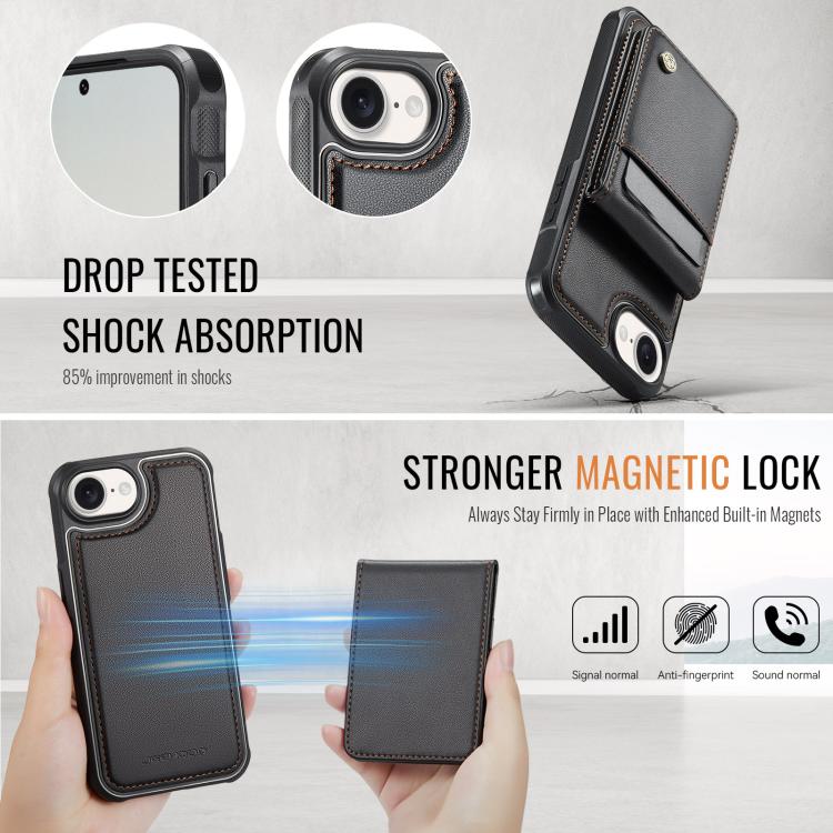 For iPhone 16e JEEHOOD J06 British Style RFID MagSafe Card Bag PU Phone Case(Black) - iPhone 16e Cases by JEEHOOD | Online Shopping UK | buy2fix