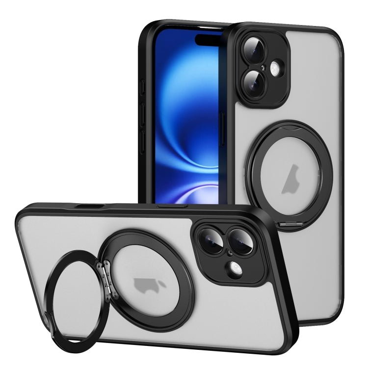 For iPhone 16 Translucent Frosted MagSafe Rotating Holder Phone Case with AI Button(Black) - iPhone 16 Cases by buy2fix | Online Shopping UK | buy2fix