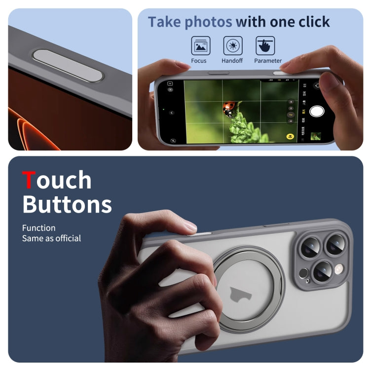For iPhone 16 Pro Translucent Frosted MagSafe Rotating Holder Phone Case with AI Button(Grey) - iPhone 16 Pro Cases by buy2fix | Online Shopping UK | buy2fix